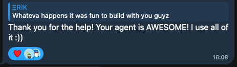 User testimonial from Telegram
